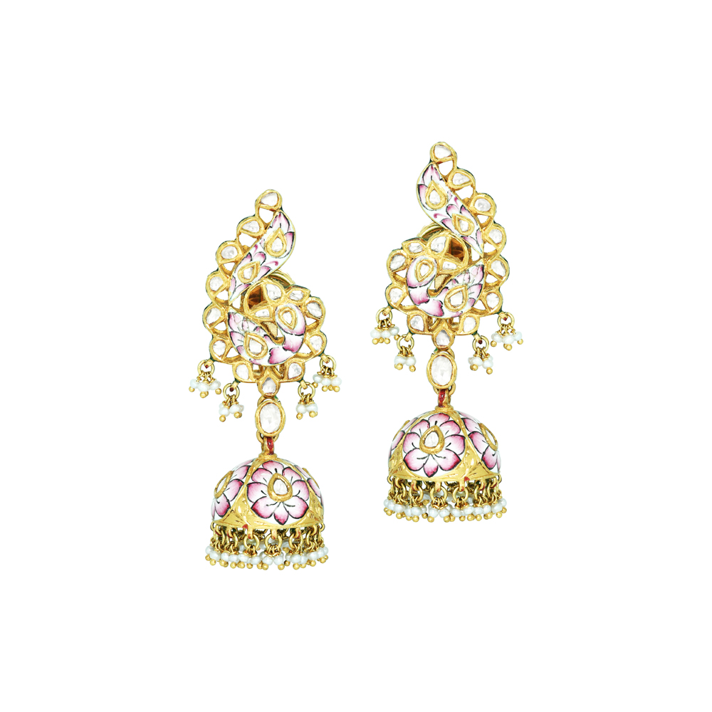 Polki Earrings with Pink Enamel Jhumkas and Pearls